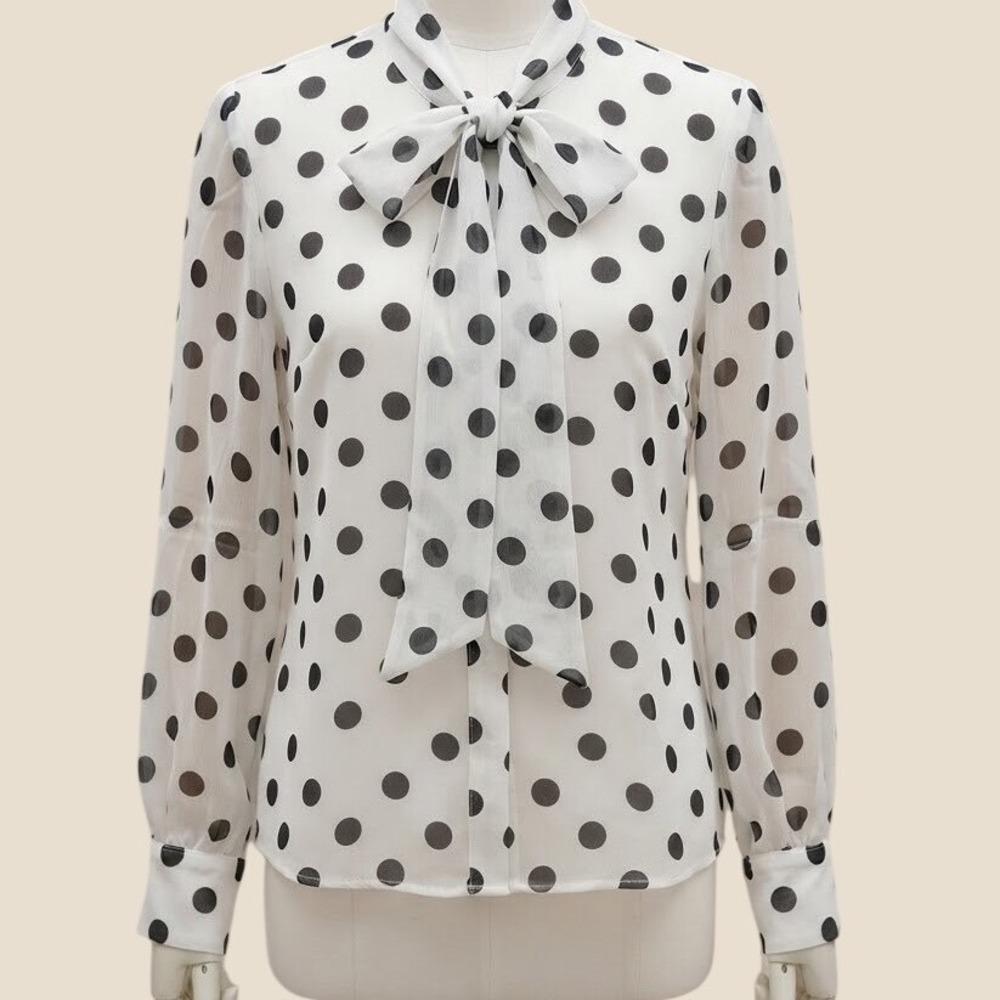 Joie Polka Dot Bow Blouse White Black Long Sleeve Top CHT91016E S